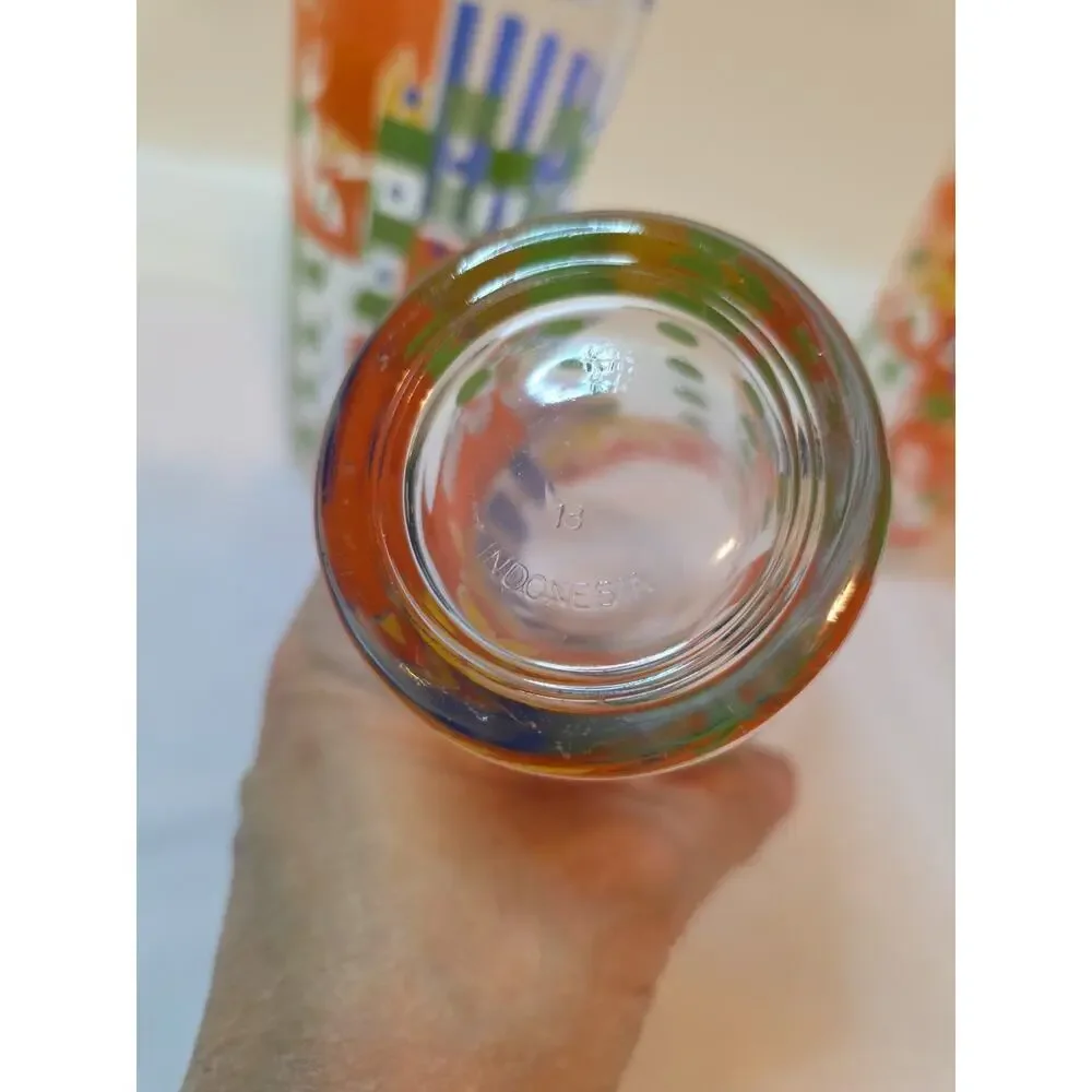 Vtg KIG Vertical Stripe Blue Green Clear MCM Drinking Glasses 12 oz Retro Kitsch